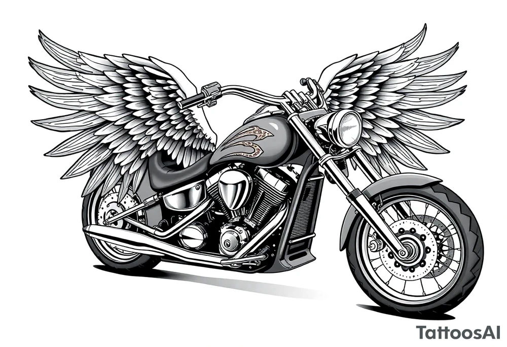 Low rider grey motorcycle, flames, angel wings tattoo idea
