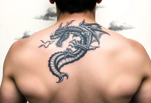 fierce dragon breathing iridescent fire against stormy skies tattoo idea