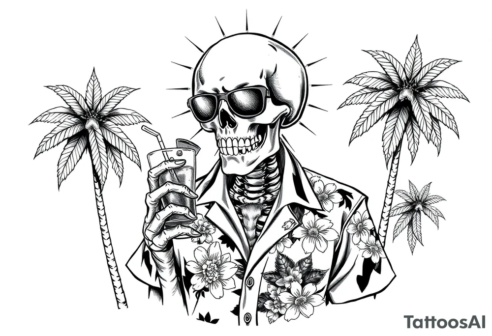 a skeleton in hawaiian shirt, palms, a cocktail,sun,sun-glasses. tattoo idea