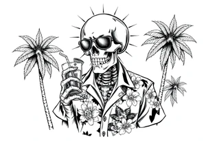 a skeleton in hawaiian shirt, palms, a cocktail,sun,sun-glasses. tattoo idea