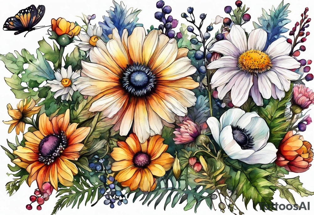 wildflowers with thistles, ferns, ranuculus, white anemones with black center, sun flowers, mixed color flowers and different shapes all in watercolor tattoo idea