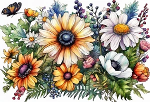 wildflowers with thistles, ferns, ranuculus, white anemones with black center, sun flowers, mixed color flowers and different shapes all in watercolor tattoo idea