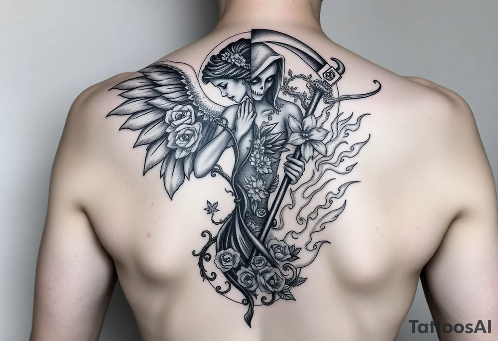 Forearm tattoo design. A stunning female figure, split down the middle vertically. One half is a beautiful, serene angel with large, soft wings, surrounded by a small, flourishing tree and delicate flowers. The other half is a menacing grim reaper or demon, holding a scythe, with fierce flames engulfing its side. Intricate, swirling patterns flow around both halves, blending the two sides. Realistic, highly detailed, black and grey tattoo style, strong contrast. tattoo idea