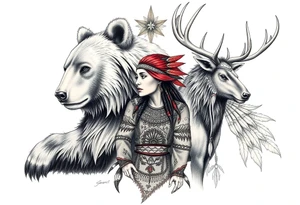 Indigenous, Majestic, and Powerful male Goliath Grizzly Bear and Elk. Both guarding an Indigenous, Majestic, and Powerful Raven haired Warrior Squaw surrounded by The Great Spirits in the sky tattoo idea