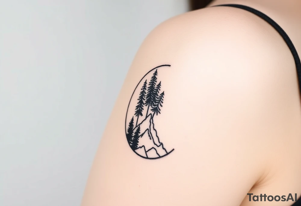A thin, vertical crescent moon with tiny pine trees growing along its inner curve, reaching upward. At the base of the crescent, a minimalist mountain range emerges, seamlessly blending into the trees. tattoo idea