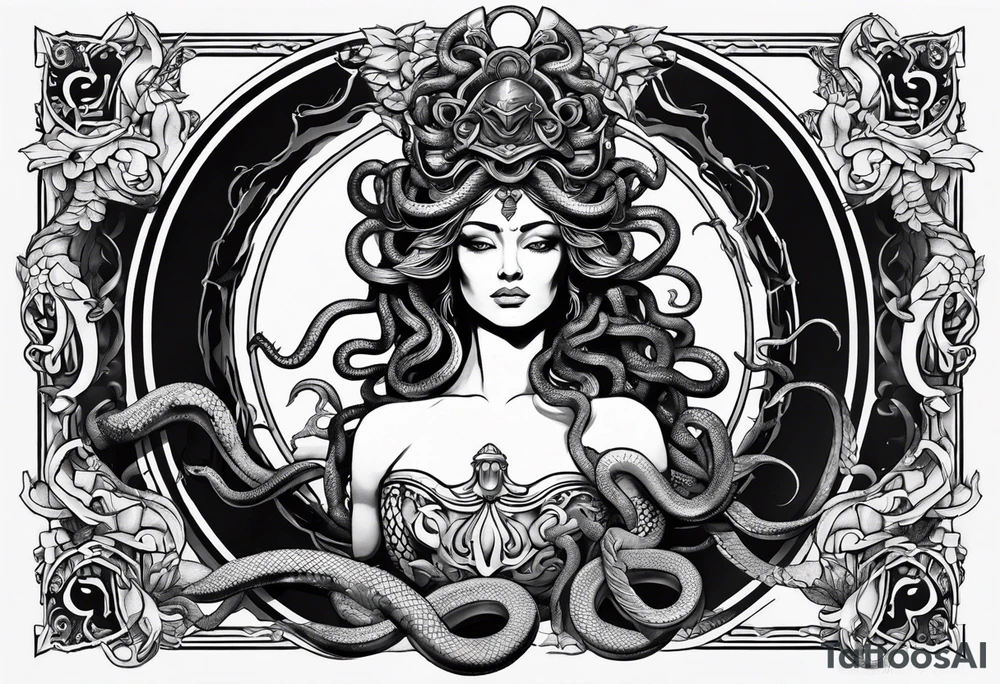 arm tattoo of Medusa as a statue with snakes for hair tattoo idea
