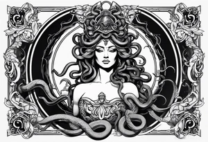 arm tattoo of Medusa as a statue with snakes for hair tattoo idea