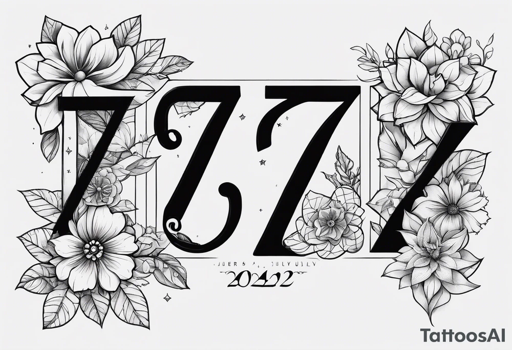 a tattoo in the shape of the number 7 which include the month December and the year 2024 as well as flower for the month of july and september in it tattoo idea