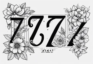 a tattoo in the shape of the number 7 which include the month December and the year 2024 as well as flower for the month of july and september in it tattoo idea