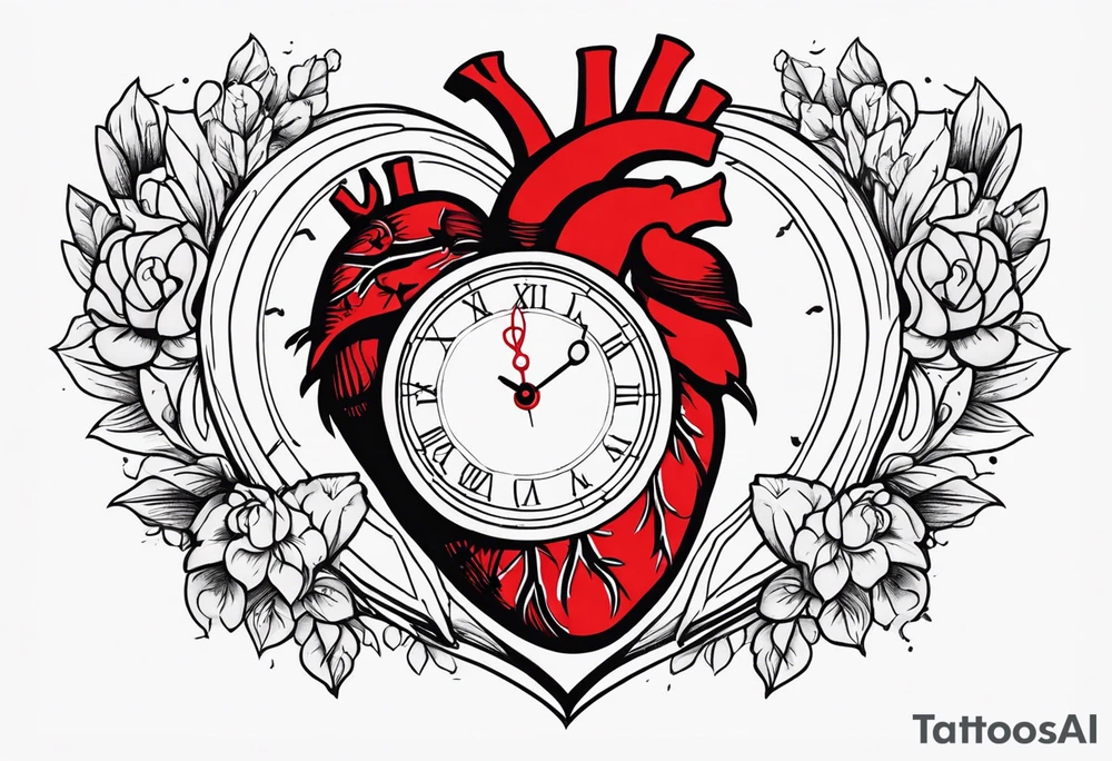 anatomical heart with clock in middle.
Clock hands on 8 and 5.
Never Say Never written on tattoo tattoo idea