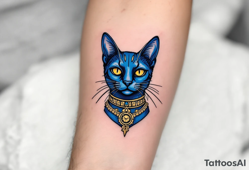A cobalt-blue Bastet cat with gold earrings and collar, radiating mystery and protection. tattoo idea