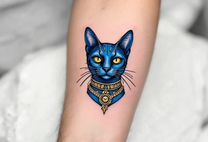 A cobalt-blue Bastet cat with gold earrings and collar, radiating mystery and protection. tattoo idea