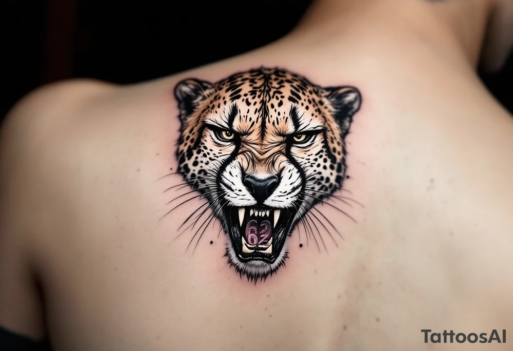angry cheetah with the number 62 in its mouth tattoo idea