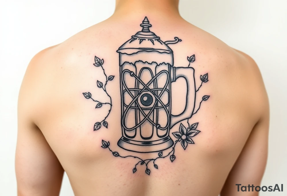 A fine line style German stein in a with an atom and vines on it tattoo idea