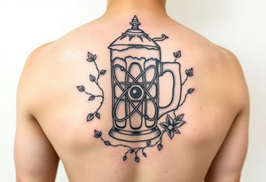 A fine line style German stein in a with an atom and vines on it tattoo idea