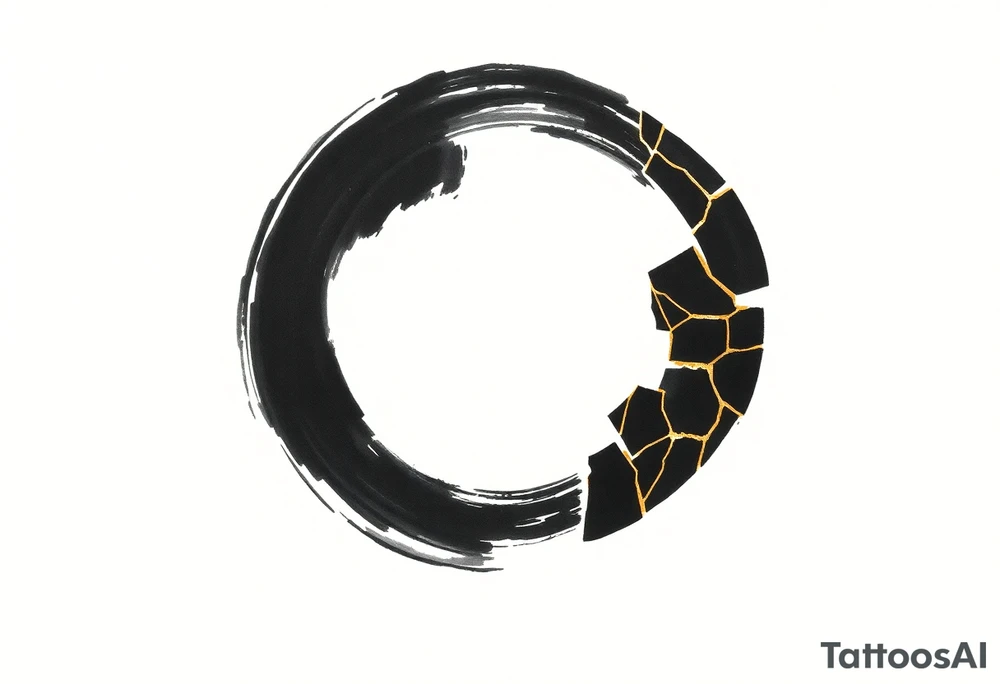 A Japanese‑inspired tattoo of a thick Zen ensō circle, drawn with a bold, hand‑painted black ink brushstroke. The circle is imperfect and organic, with visible texture and subtle variation in line thickness. About the last quarter of the circle, near the top‑right, transforms into a cracked ceramic segment that has been repaired using kintsugi: visible broken pieces outlined and joined by thin, flowing gold lines. There should be a couple big pieces rather than lots of small ones. The circle and the ceramic part should have the same thickness. The gold seams follow the natural fractures of the ceramic section, creating several branching cracks rather than a single line, clearly distinguishing this repaired portion from the rest of the smooth ink circle. The transition from ink to ceramic should feel natural, as if the painted circle solidifies into a fragile object that has been lovingly mended. Keep the interior of the circle empty, with a clean white background and no extra symbols or text. Design it as a black and gray tattoo with a subtle metallic gold effect on the kintsugi seams, suitable for a medium‑sized placement on the back of the bicep. tattoo idea
