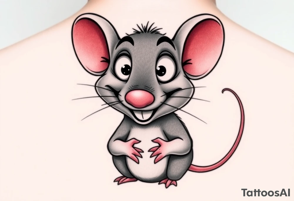 The image shows a cartoon rat with a long pointed nose, huge bulging eyes, and a cheeky, mischievous smile. The rat is grey with big pink ears and a thin pink tail visible on the right. Its little hands are held up close to its chest in a playful, sneaky pose. The expression makes the rat look funny, surprised, and a bit sly at the same time.

I want all his body..bigger nose, eyes poped out from the head tattoo idea