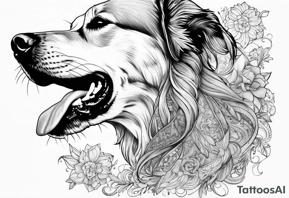 dog in the air facing woman tattoo idea