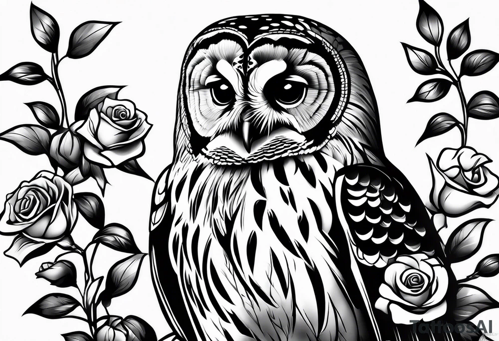 Barred owl with a single rose tattoo idea