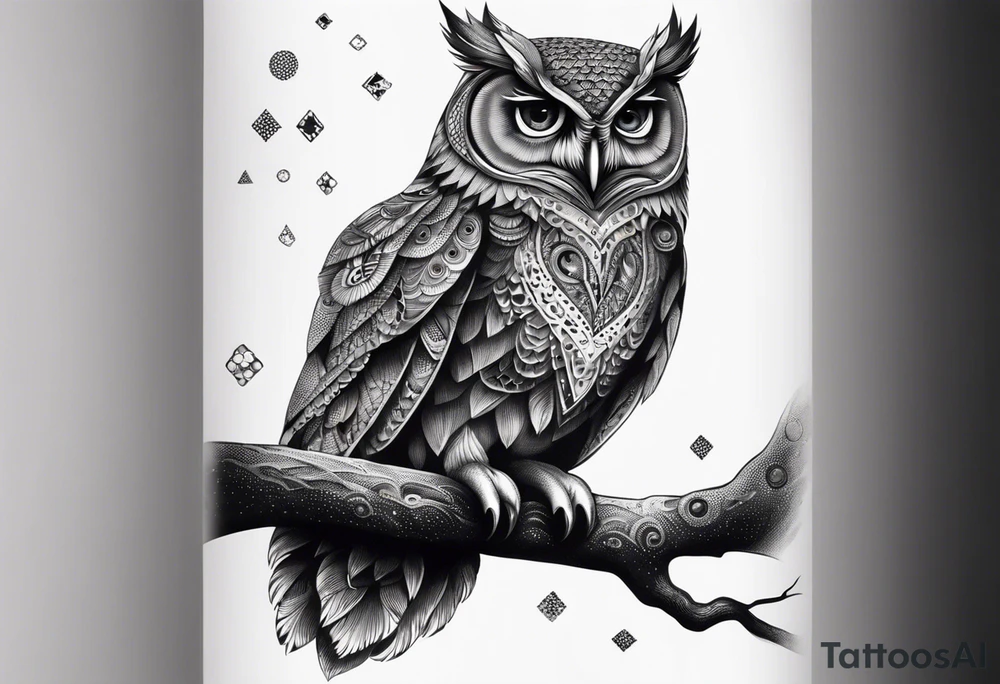 “A wise owl perched on a branch, with large, expressive eyes and intricate feather patterns, representing wisdom tattoo idea
