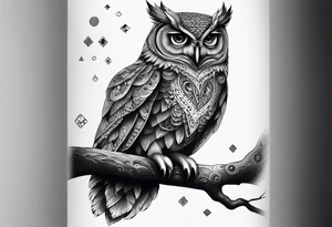 “A wise owl perched on a branch, with large, expressive eyes and intricate feather patterns, representing wisdom tattoo idea
