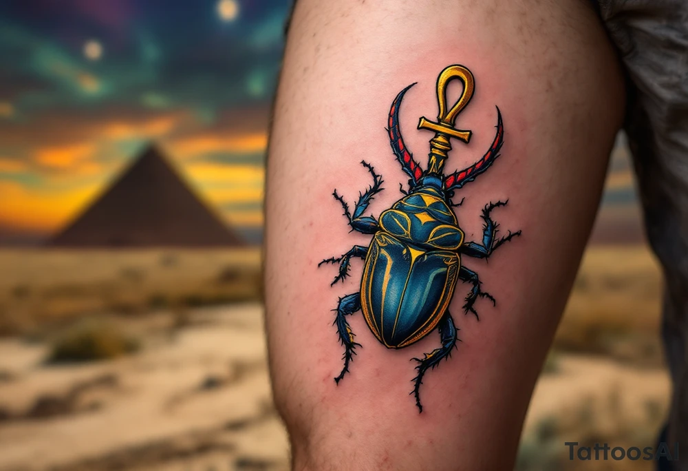 A scarab beetle carrying an Ankh, set against a backdrop of golden pyramids under a twilight sky. tattoo idea