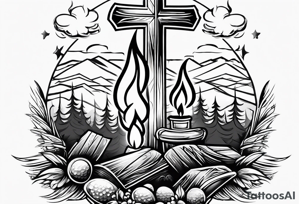 cross, campfire, golf , whiskey glass, cabin tattoo idea