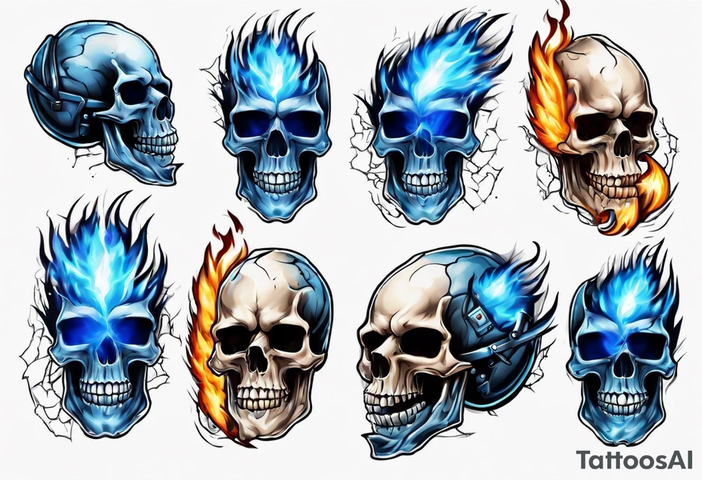 Skull welding with blue fire behind tattoo idea