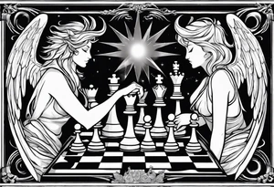 Depict an angel and devil engaged in a chess game, with the chessboard reflecting the cosmic battleground between good and evil, symbolizing the strategic nature of the eternal conflict. tattoo idea