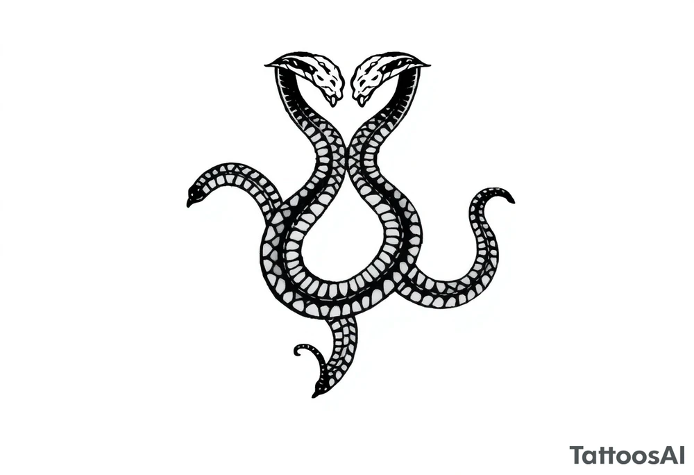 Id like a back tattoo with two snakes.  The illustration should be minimal with "skin-break."  I'd like the tails to be intertwined to accentuate my upper buttocks/upper butt crack, and Id like the snakes to moving upwards to the upper back, with the heads stopping just under my shoulder blades.  Almost like a "V shape" but very organic, like a symmetrical winding road.  Id like the tattoo to be sexy and accentuate my back to make my waist look small.  Black and white. Minimal.  Fine line. Please use a male body type. tattoo idea