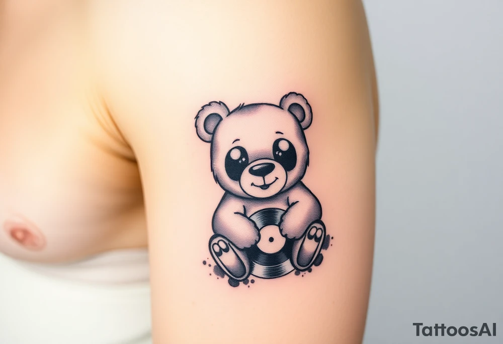 minimalist teddy bear with vinyl records as eyes smiling and sitting on a record tattoo idea