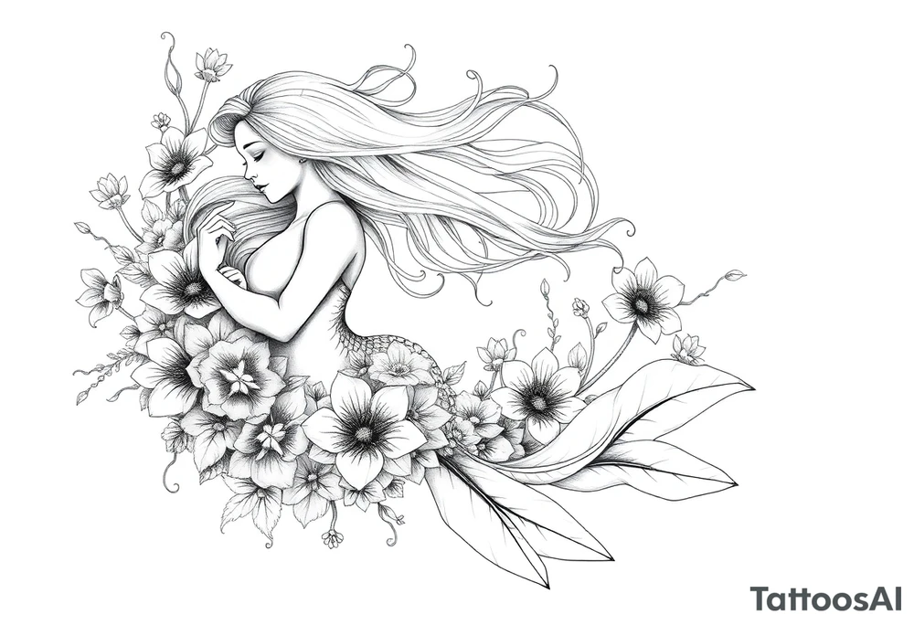 ethereal mermaid with flowing hair among coral and sea flowers tattoo idea