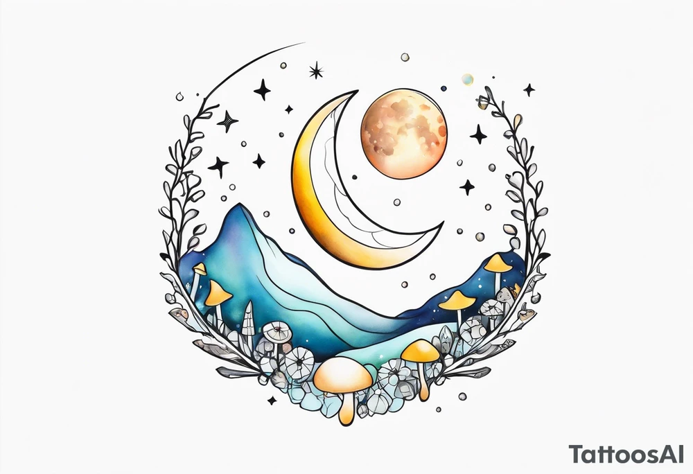 moon with crystals, mushrooms tattoo idea