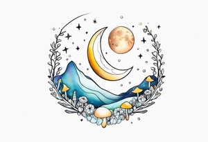 moon with crystals, mushrooms tattoo idea