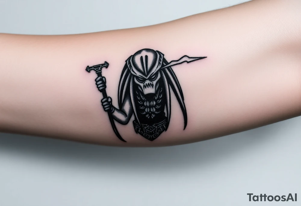 Predator with staff pointing towards sky with lighting bolt tattoo idea