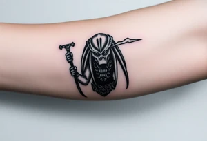 Predator with staff pointing towards sky with lighting bolt tattoo idea