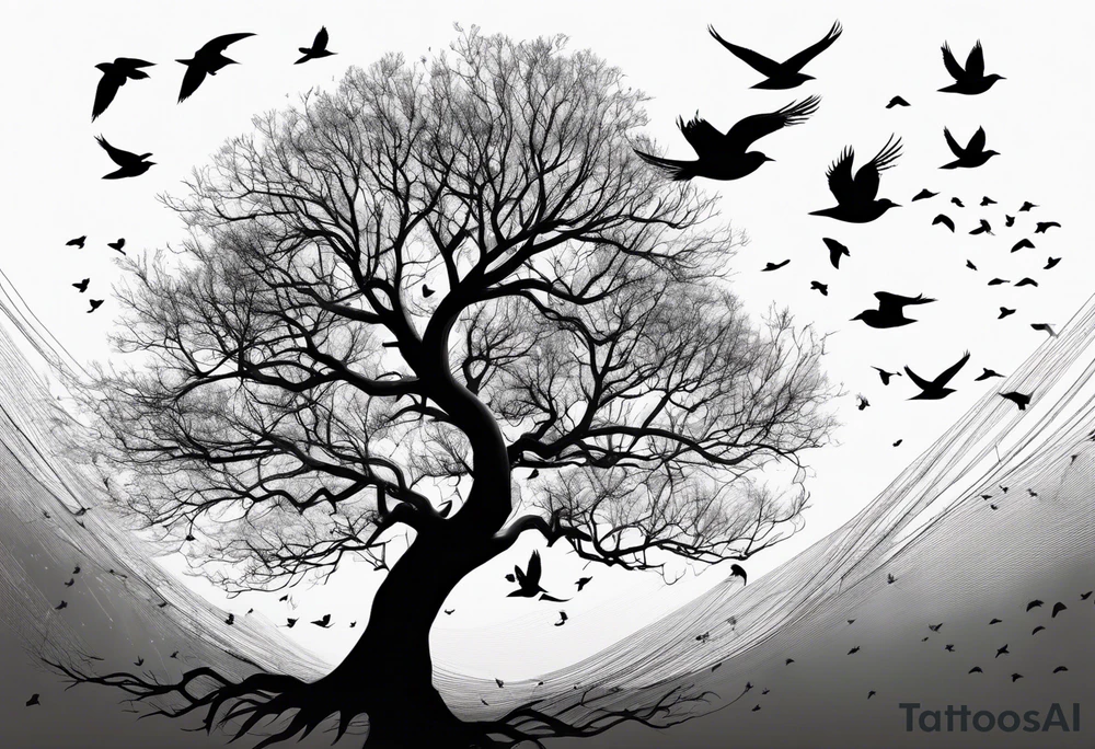 Leafless tree with a mix of birds and black birds flying by it tattoo idea
