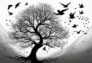 Leafless tree with a mix of birds and black birds flying by it tattoo idea