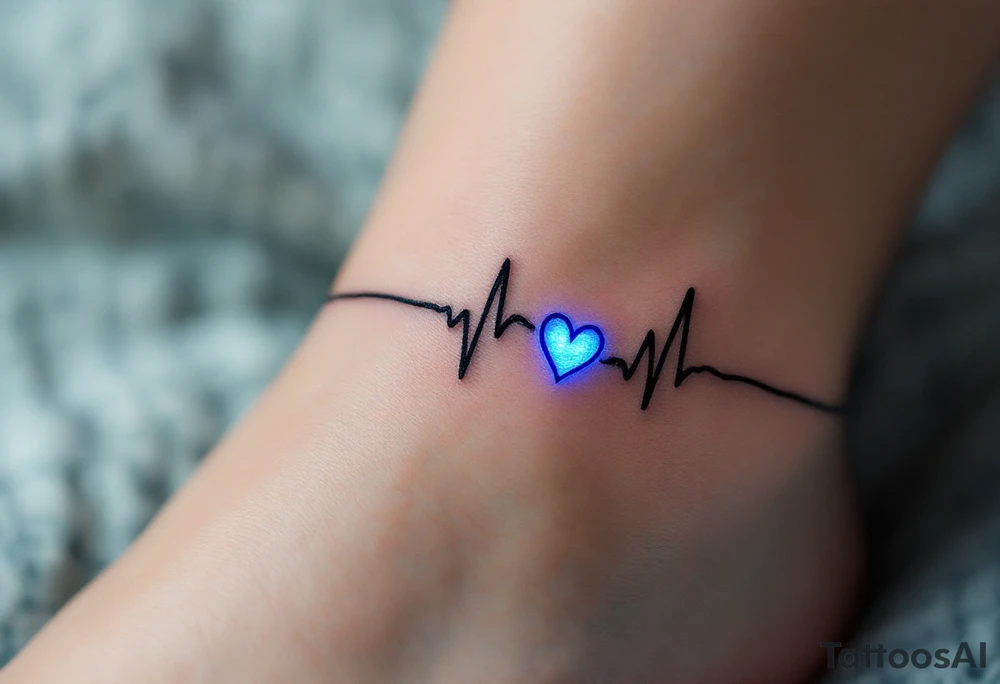 A subtle black EKG line wrapping around the ankle, punctuated by a small, glowing blue heart. tattoo idea