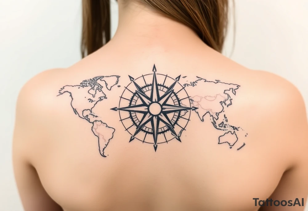 antique compass rose overlaid on weathered world map with sailing ships tattoo idea