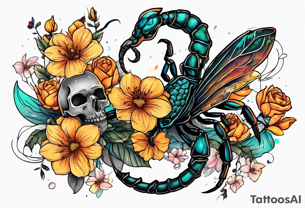 Large scorpion with a skull, flowers, and butterflies tattoo idea