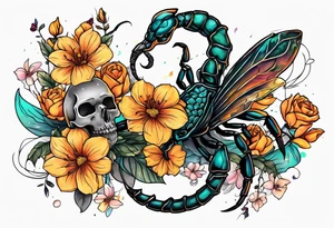 Large scorpion with a skull, flowers, and butterflies tattoo idea