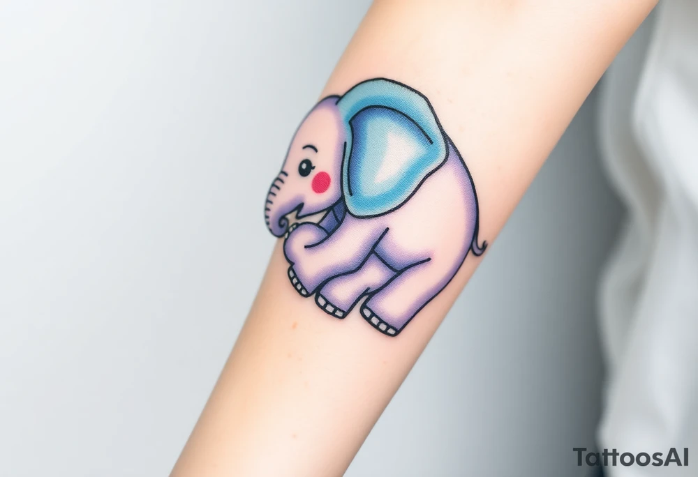A mother elephant wrapping her trunk around her baby, with soft blues and purples representing wisdom and protection. tattoo idea