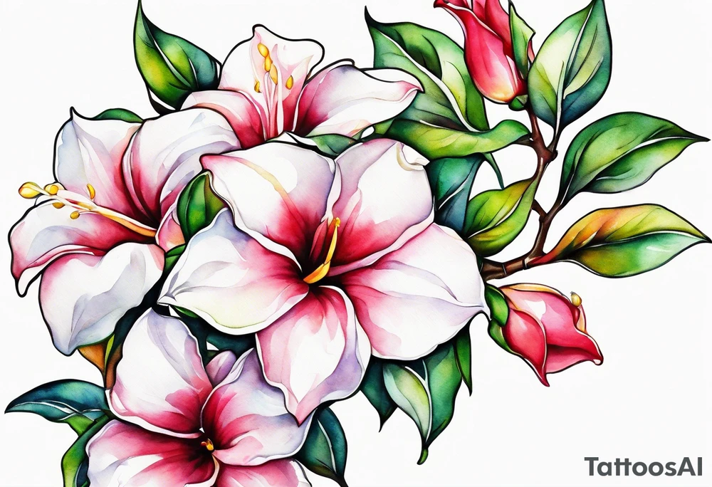white background, abstract mandevilla flowers on a vine, part of it watercolor, part of it just line work tattoo idea