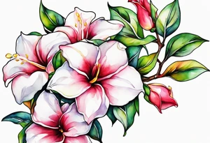 white background, abstract mandevilla flowers on a vine, part of it watercolor, part of it just line work tattoo idea