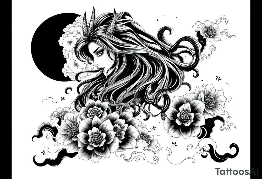 Prompt:

Full sleeve Japanese-inspired tattoo design featuring a beautiful female oni (demon woman) with an elegant, mysterious expression, one hand partially covering her face, long flowing hair integrated into swirling wind and wave patterns, large detailed chrysanthemums and peonies woven through the composition, dynamic negative space with bold black fills and smooth gradients, traditional Japanese cloud and water motifs, high-contrast black and grey with soft shading and sharp linework, balanced composition wrapping around the arm, modern neo-Japanese illustrative style.

Style tags:
– High contrast black and grey
– Neo-Japanese tattoo
– Traditional Japanese motifs
– Sleeve layout design
– Chrysanthemums, peonies, wind bars, waves
– Female oni portrait tattoo idea