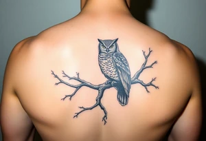 wise owl perched on ancient oak branch under starlit sky tattoo idea