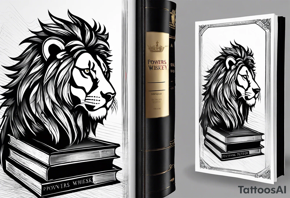 A book with the names Lyons, Mast, and Powers on the spine. There’s a glass of powers whiskey on top of the book, and a lion looking at it. tattoo idea