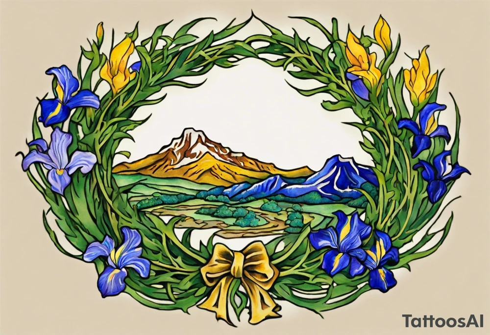 Create a small colorful Vincent van Gogh Irises tattoo in the form of a crescent, with vines or Celtic knots gracefully intertwining at a central point in the middle of the wreath.  In the middle of the wreath are mountains and other items found in New Mexico. Ensure that the design avoids the appearance of a bush and maintains a more structured and deliberate arrangement. The intended placement is on the upper chest. The overall design should be small in size while maintaining a delicate and artistic aesthetic. Pay attention to the graceful flow of the vines and the placement of the irises to achieve a refined and elegant look. tattoo idea