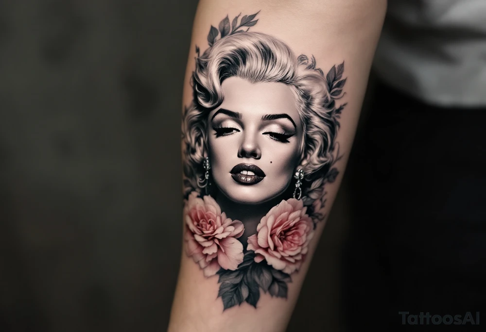 A romantic Marilyn Monroe portrait in soft grayscale, framed by delicate pink peonies and silver filigree. tattoo idea